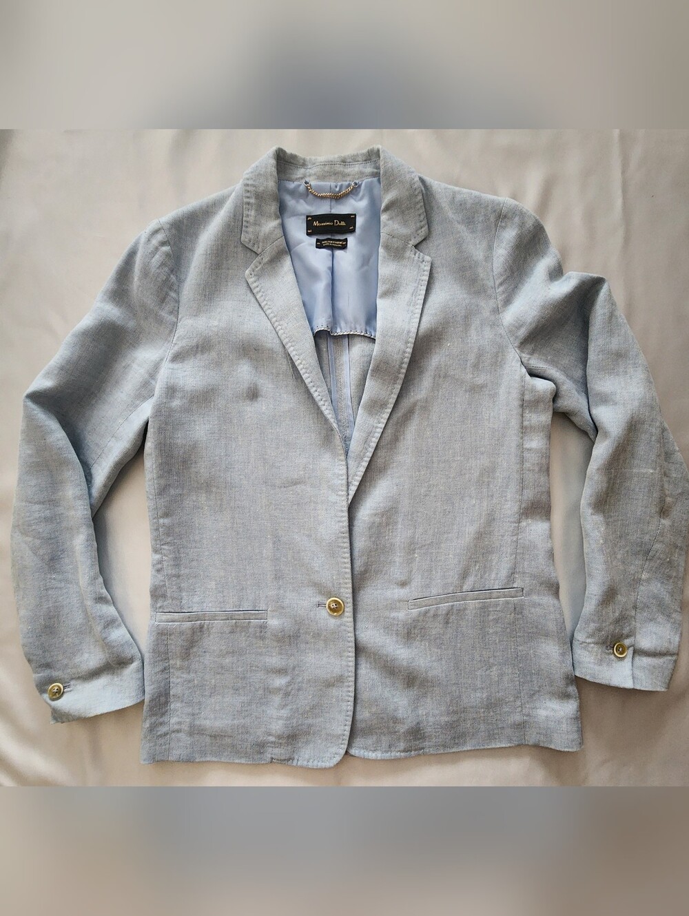Massimo Dutti Light Blue Linen Cotton Single-Button Blazer Jacket - Size 6